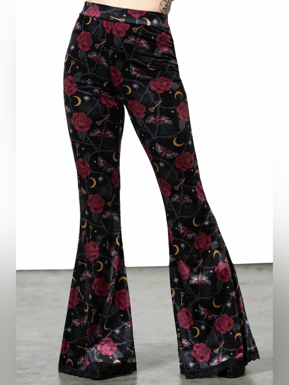 Killstar Velvet Floral Bell Bottom Pants - Black with Burgundy Roses